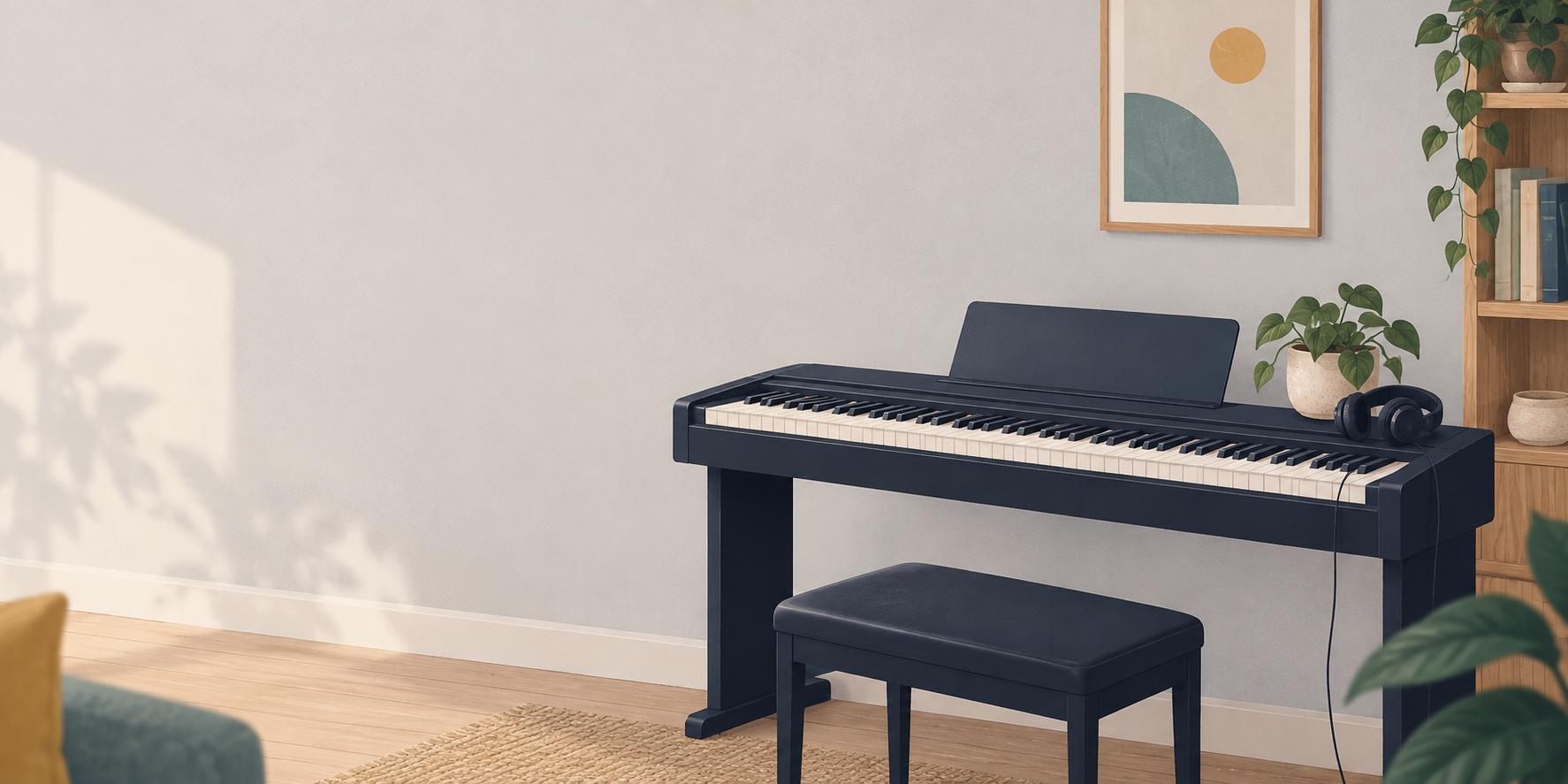 Ilustración editorial de un piano digital con auriculares en casa